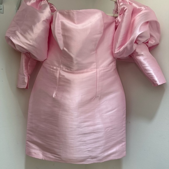 ASOS EDITION satin puff-sleeved off-the-shoulder mini dress in pink - Picture 3 of 6